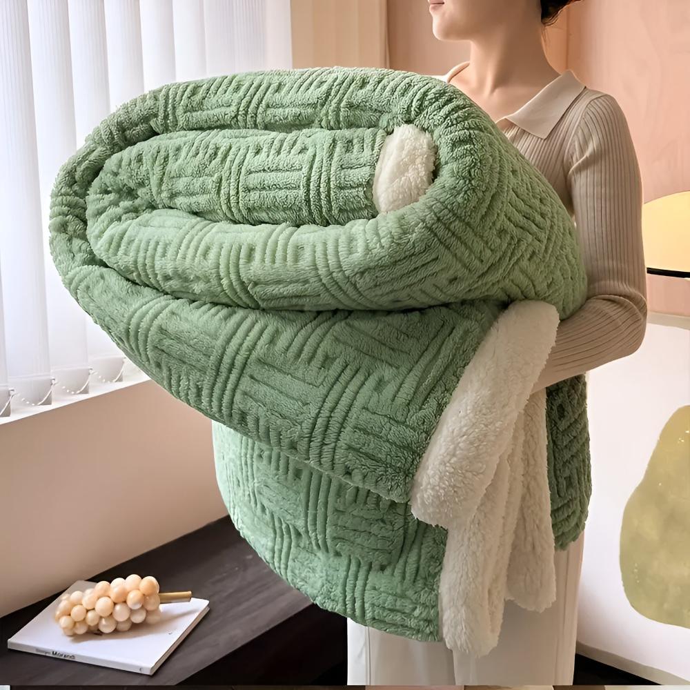 Sherpa Throw Double-Layer Woven Pattern Polyester Soft Warm Beige Gray Pink Green Blue 100-230cm | Sansoti