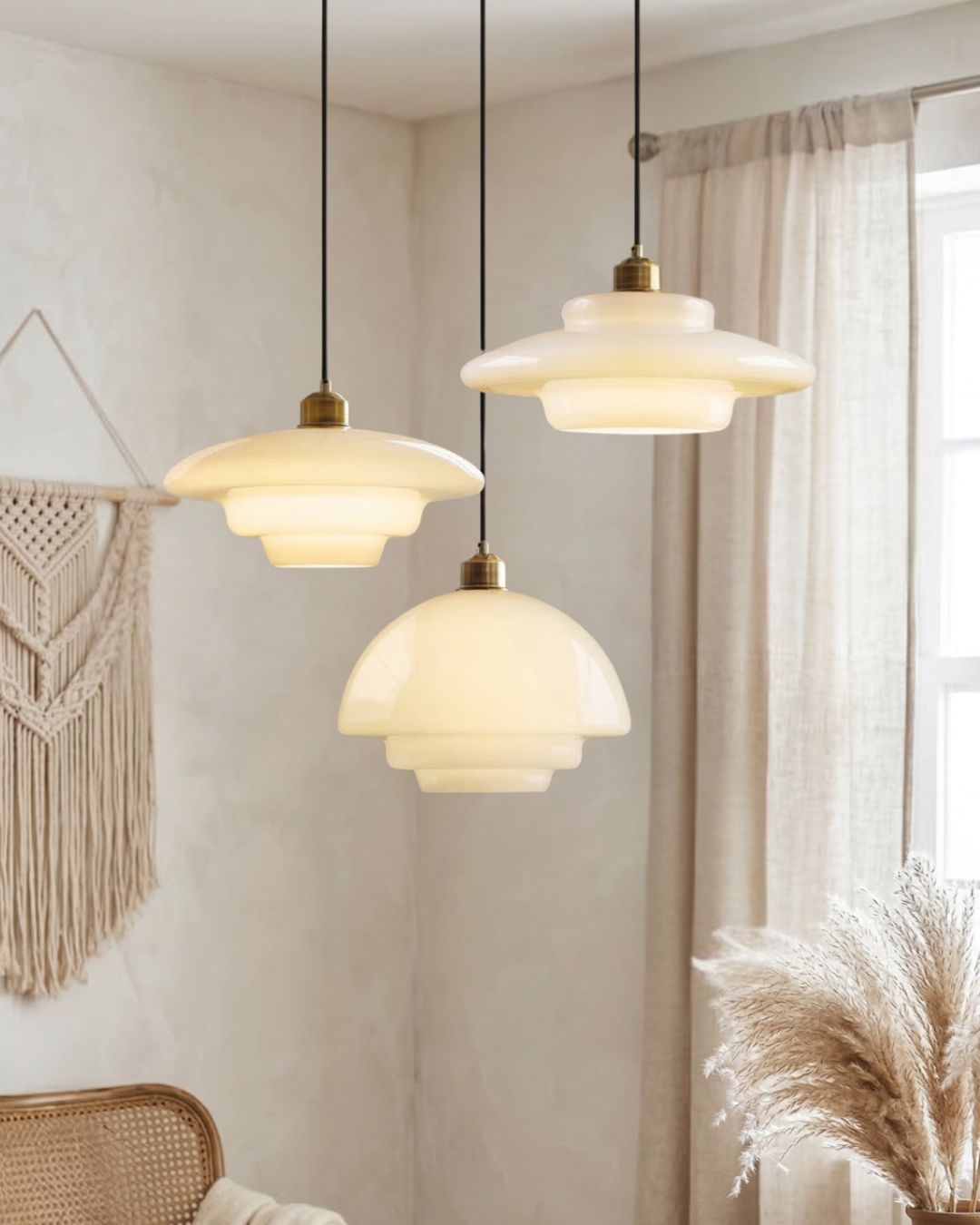 TINA Hanglamp – Mid-Century Melkwit Glas met Geborsteld Messing | Moderne Eetkamer & Keukenverlichting | Verstelbaar | E27 Fitting | Sansoti