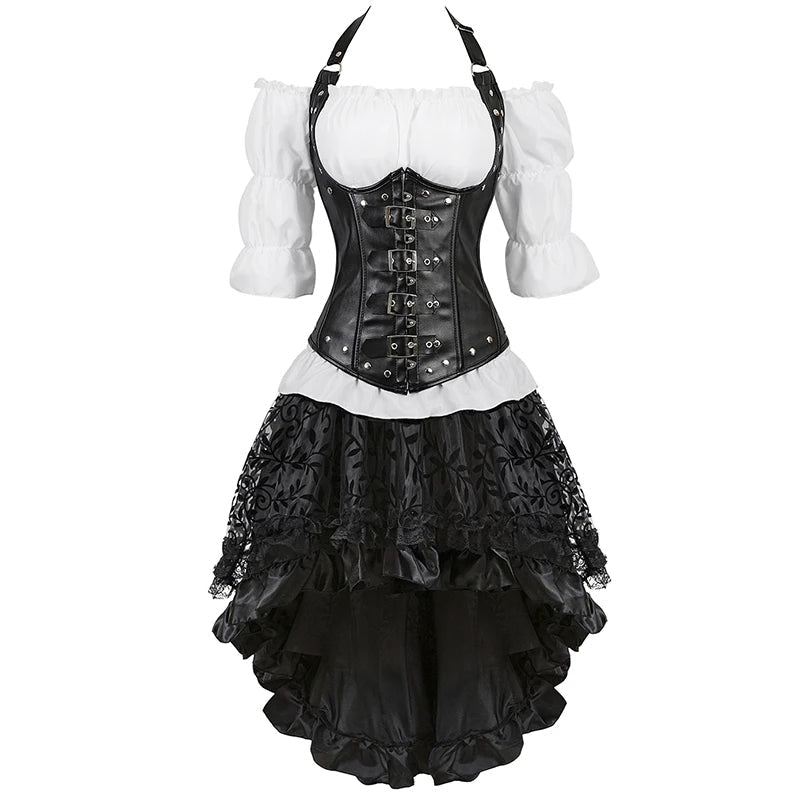 Pirate Corset Costume Set Faux Leather Off-Shoulder Blouse Layered Skirt Steampunk Gothic Halloween Costume | Sansoti