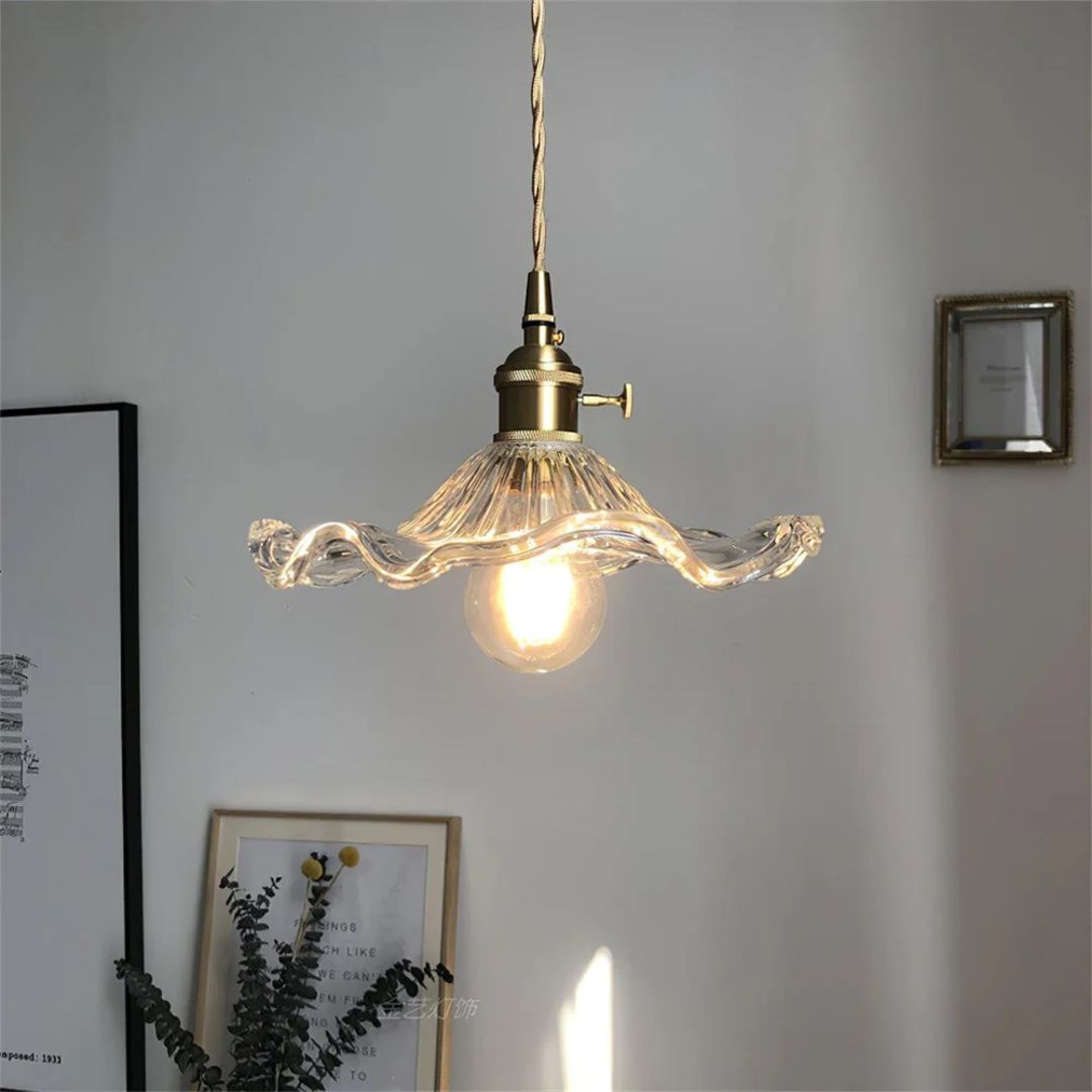 Hängelampe Glas E27 23cm Grün Messing Blumenform Esstisch Schlafzimmer Retro Beleuchtung Vintage Hängelampe | Restfield