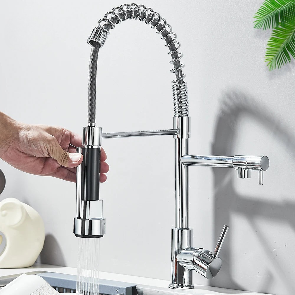 Robinet de cuisine extensible chromé à bec orientable, eau chaude et froide, douchette flexible, mitigeur de cuisine | Sansoti