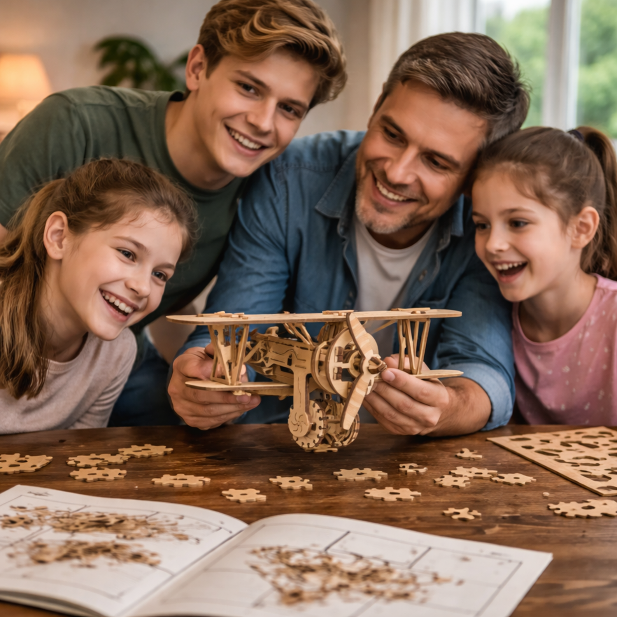 3D-Holzflugzeug-Bausatz, mechanisches Modellpuzzle mit beweglichem Propeller, DIY-Hobby für Erwachsene | Sansoti