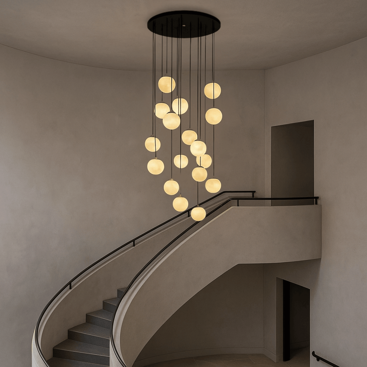 Lustre d’escalier en métal avec plusieurs globes en verre réglable de 3 à 18 points lumineux à intensité variable moderne | Sansoti