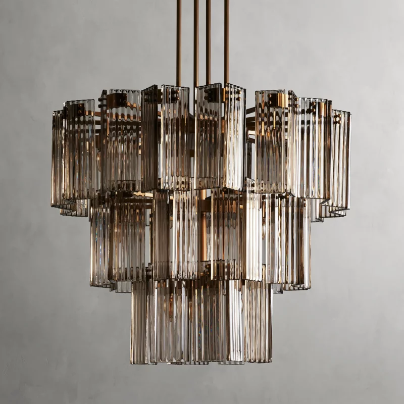 Okrągły żyrandol z ryflowanym szkłem i stalową ramą, 38–60 cm, lampa wisząca z wieloma źródłami światła do jadalni, na klatkę schodową, do sali balowej i salonu | Sansoti