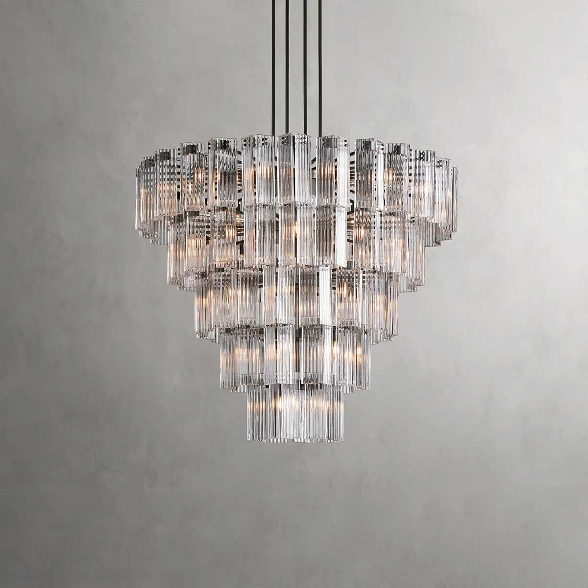 Okrągły żyrandol z ryflowanym szkłem i stalową ramą, 38–60 cm, lampa wisząca z wieloma źródłami światła do jadalni, na klatkę schodową, do sali balowej i salonu | Sansoti