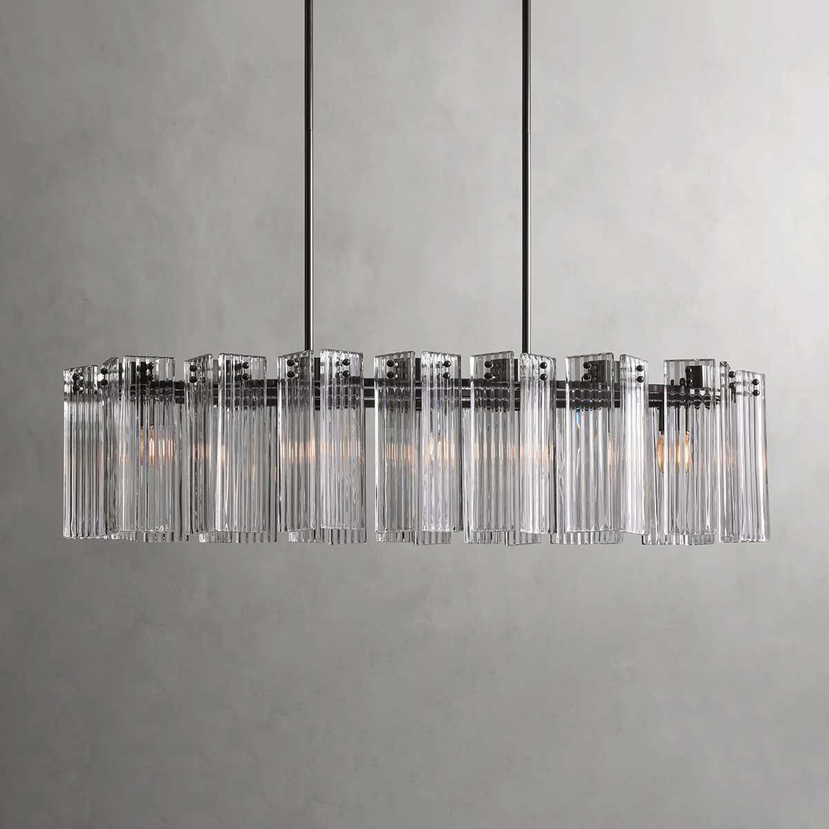 Ovale Kroonluchter Geribbeld Glas Stalen Frame 51-72cm Instelbare Hoogte E12 Fitting Messing Brons Eetkamer | Sansoti