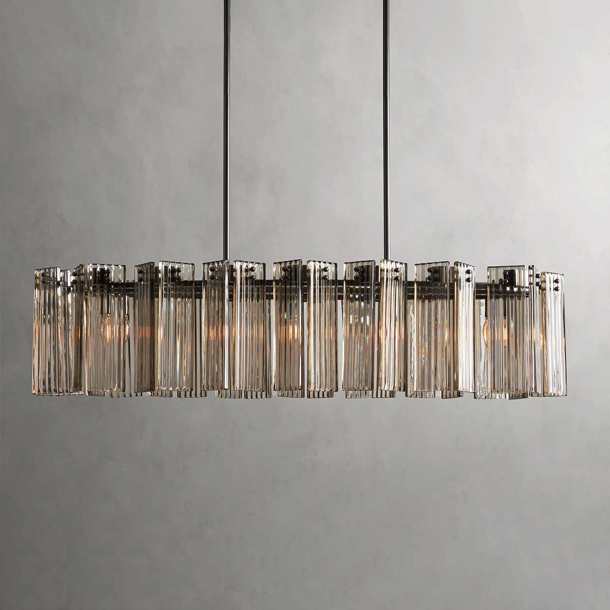 Ovale Kroonluchter Geribbeld Glas Stalen Frame 51-72cm Instelbare Hoogte E12 Fitting Messing Brons Eetkamer | Sansoti