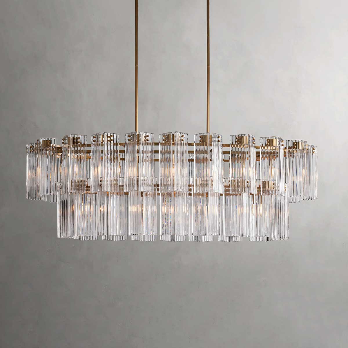 Ovale Kroonluchter Geribbeld Glas Stalen Frame 51-72cm Instelbare Hoogte E12 Fitting Messing Brons Eetkamer | Sansoti