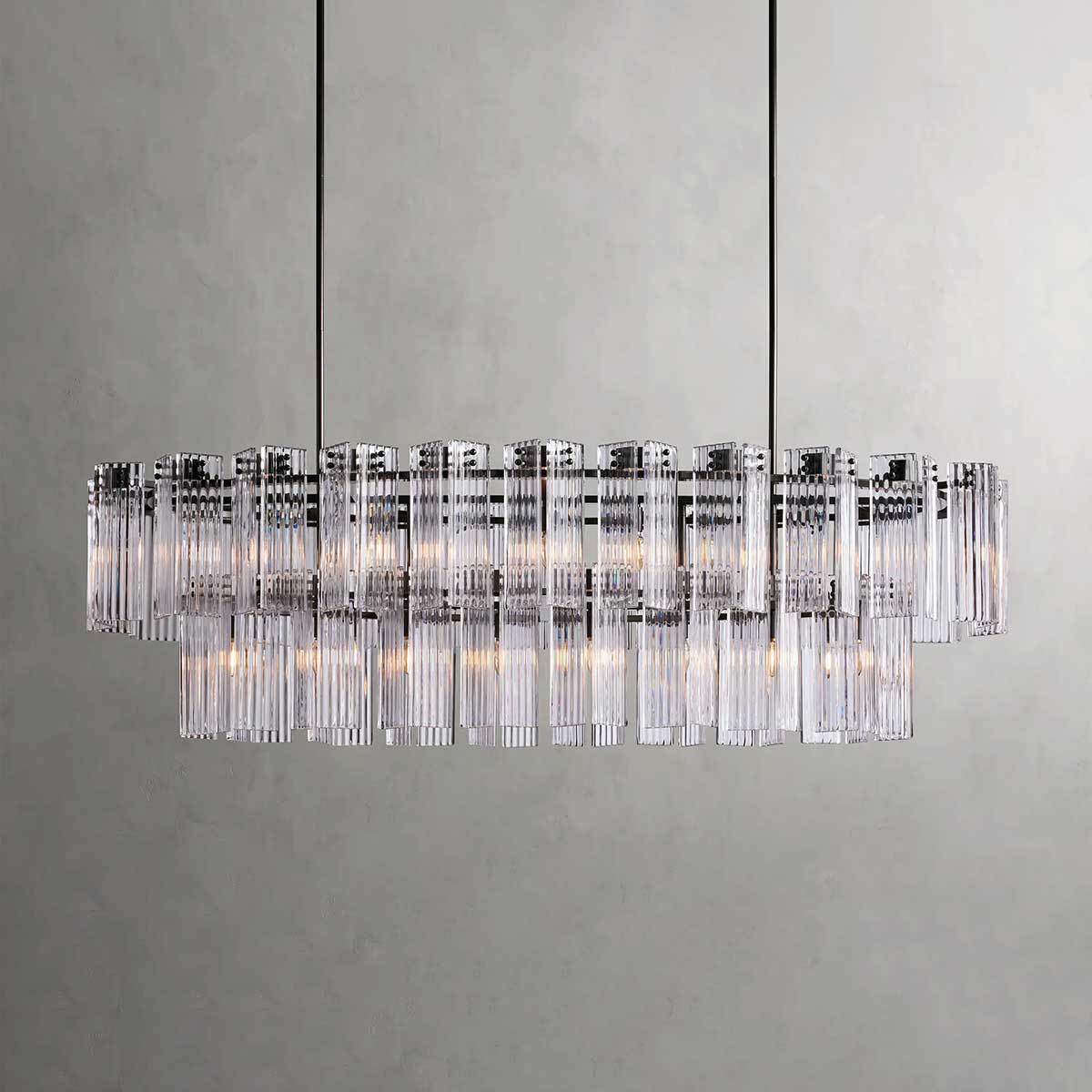 Ovale Kroonluchter Geribbeld Glas Stalen Frame 51-72cm Instelbare Hoogte E12 Fitting Messing Brons Eetkamer | Sansoti