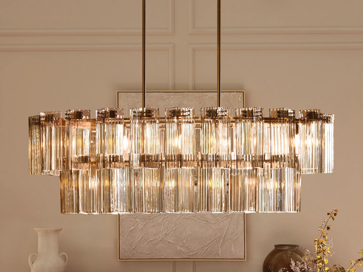 Ovale Kroonluchter Geribbeld Glas Stalen Frame 51-72cm Instelbare Hoogte E12 Fitting Messing Brons Eetkamer | Sansoti