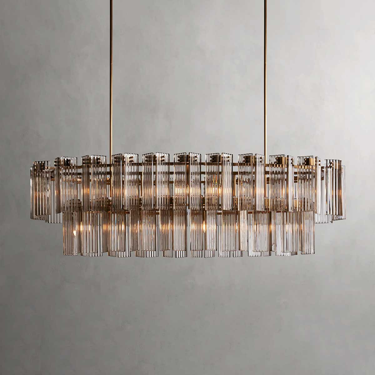 Ovale Kroonluchter Geribbeld Glas Stalen Frame 51-72cm Instelbare Hoogte E12 Fitting Messing Brons Eetkamer | Sansoti