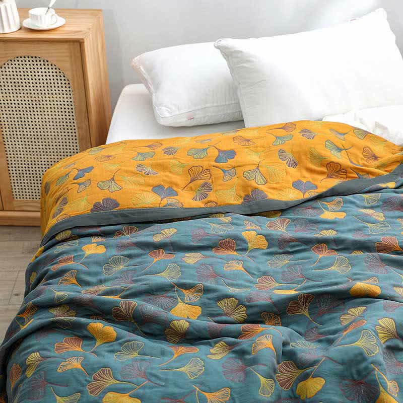 Ginkgo Leaf Baumwollquilt – Wendbare 6-Lagen-Decke aus gekämmter Baumwolle | Restfield