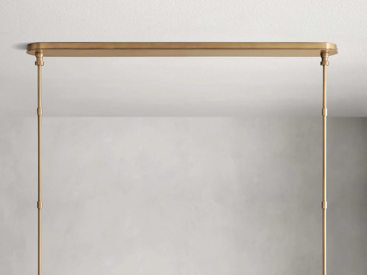Linearer Kronleuchter aus Messing mit Lederakzenten und Leinenschirmen 6 8 10 Leuchten Esszimmer Wohnzimmer Pendelleuchte | Sansoti