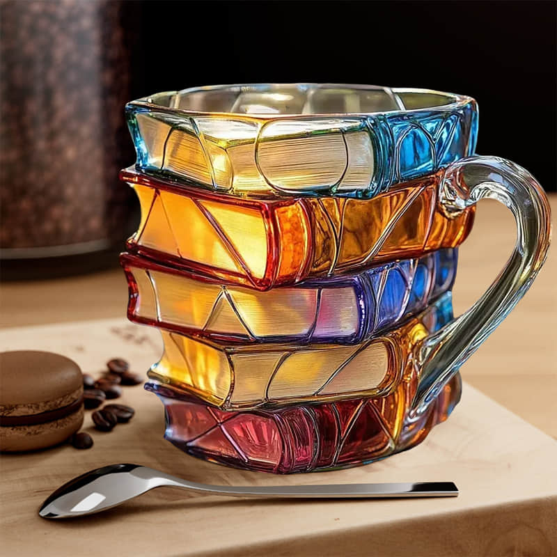 Handgemaakte 3D Boekenmok met Reliëf – Boekenliefhebber Cadeau – Dikwandig Glas – Koffie Thee Beker – Gedetailleerde Boekenruggen | Sansoti