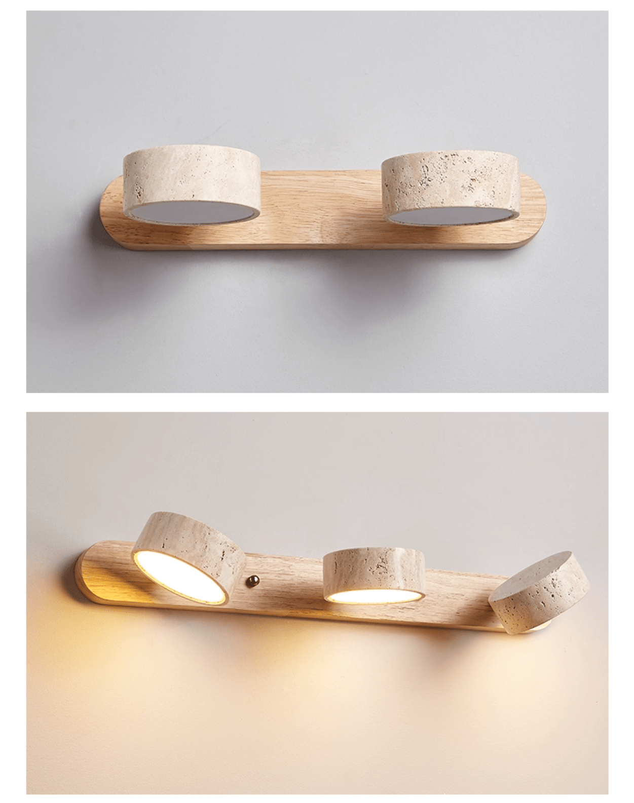 Travertijn Wandlamp Met Houten Basis En Dubbele LED Lichtbron Natuurlijke Steen Design Wandverlichting Voor Slaapkamer Hal En Woonkamer | Sansoti