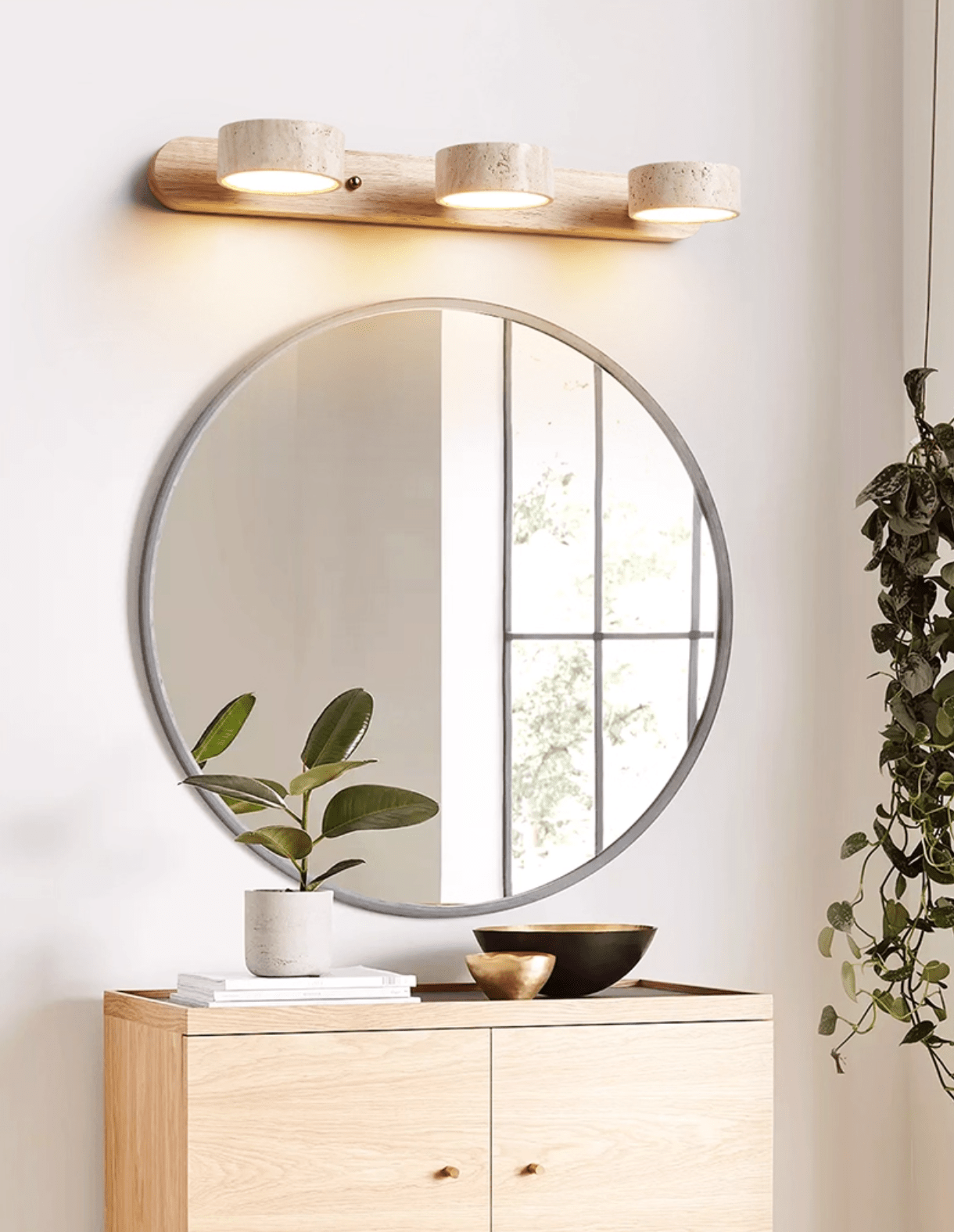 Travertijn Wandlamp Met Houten Basis En Dubbele LED Lichtbron Natuurlijke Steen Design Wandverlichting Voor Slaapkamer Hal En Woonkamer | Sansoti