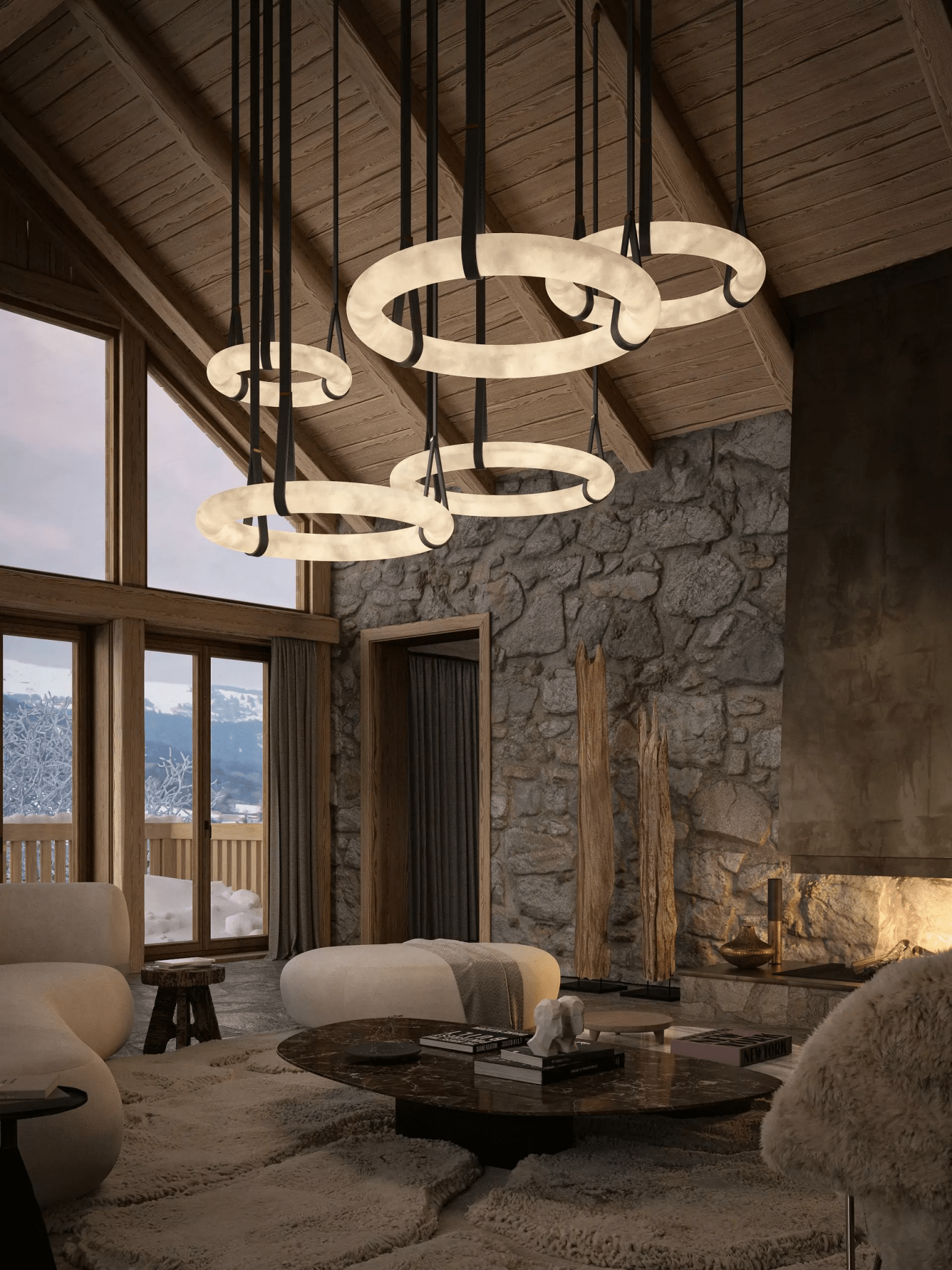 Hängelampe Alabaster Ring LED Dunkelbraun Braun Gold Wohnzimmer Esszimmer 3000K 4000K 6000K Ø30 Ø120cm Naturstein Pendelleuchte | Restfield