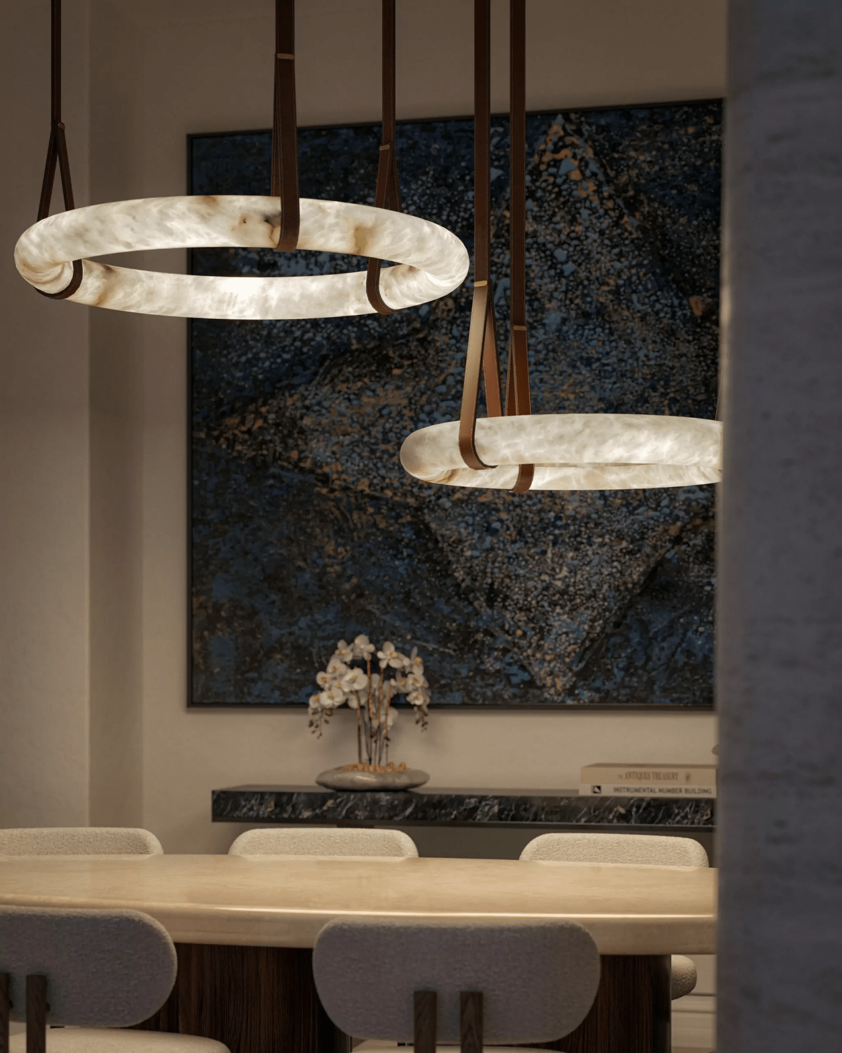 Hängelampe Alabaster Ring LED Dunkelbraun Braun Gold Wohnzimmer Esszimmer 3000K 4000K 6000K Ø30 Ø120cm Naturstein Pendelleuchte | Restfield