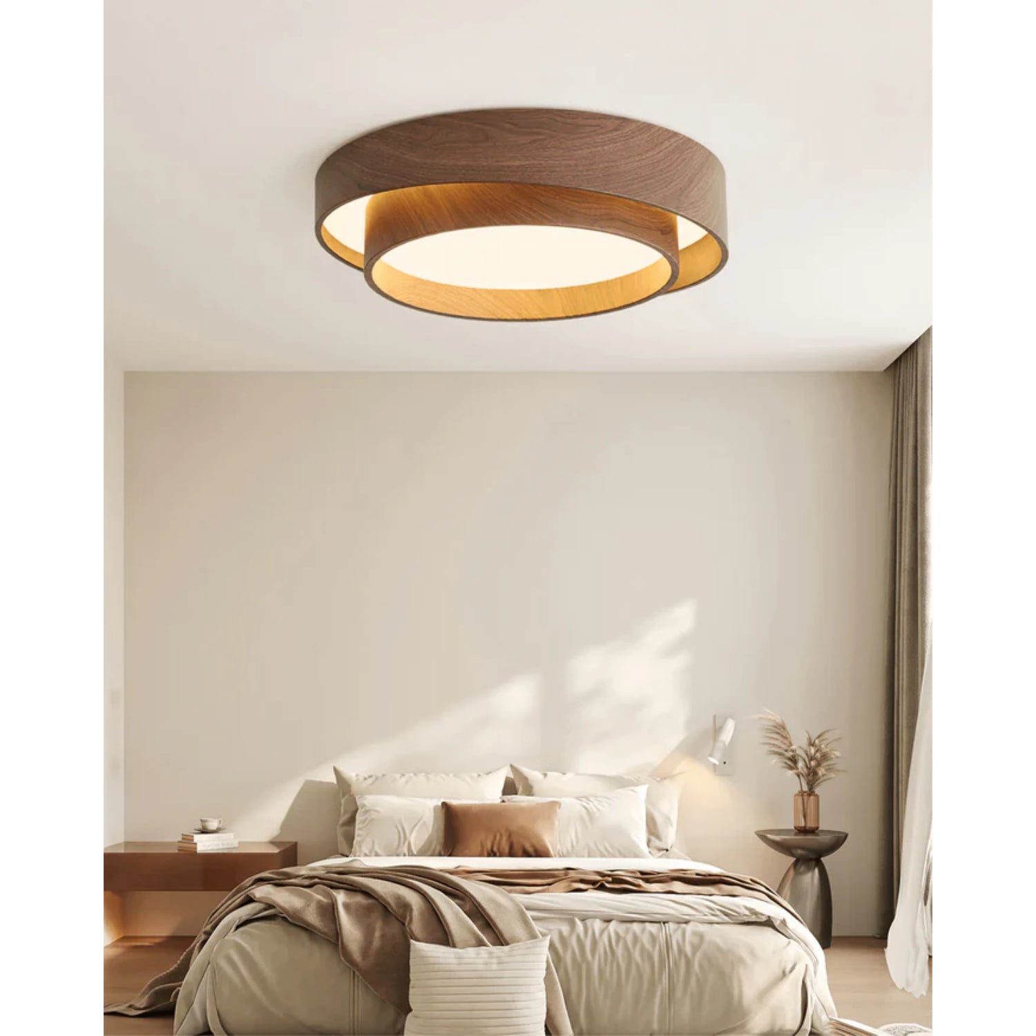 LED-Deckenleuchte Holzoptik Walnuss Japandi Wohnzimmer Schlafzimmer Runde Deckenleuchte Moderne Beleuchtung Holzmaserung Optik | Restfield