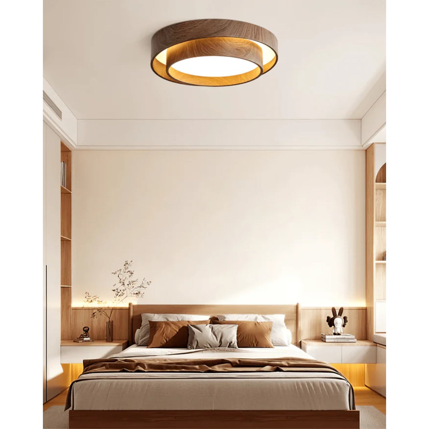 LED-Deckenleuchte Holzoptik Walnuss Japandi Wohnzimmer Schlafzimmer Runde Deckenleuchte Moderne Beleuchtung Holzmaserung Optik | Restfield