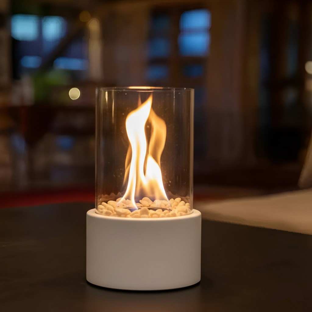Tafelkachel op Bio-ethanol – Rookvrije Haard met Glazen Cilinder in Zwart, Wit of Zilver – Modern Design voor Binnen en Buiten | Sansoti