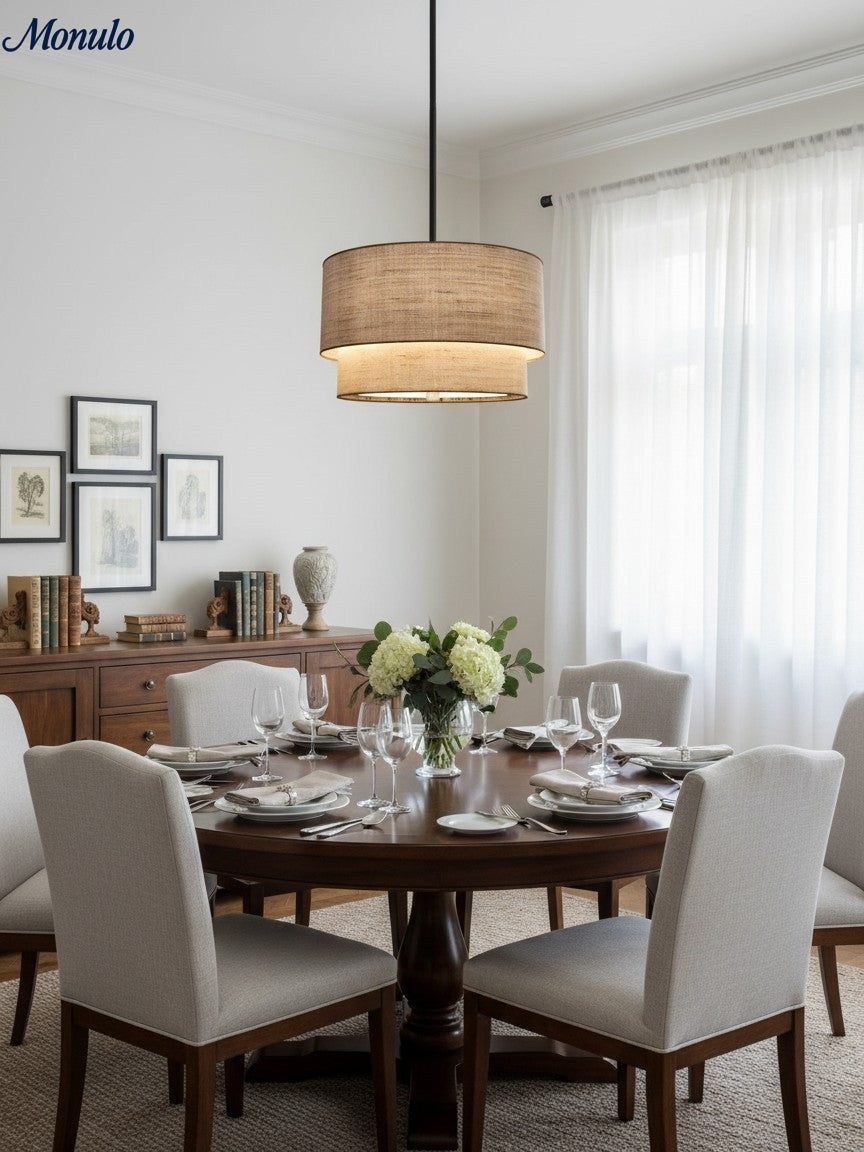 Dubbele Stoffen Drum Hanglamp – Moderne Gelaagde Kap Plafondlamp voor Eetkamer Woonkamer | Sansoti