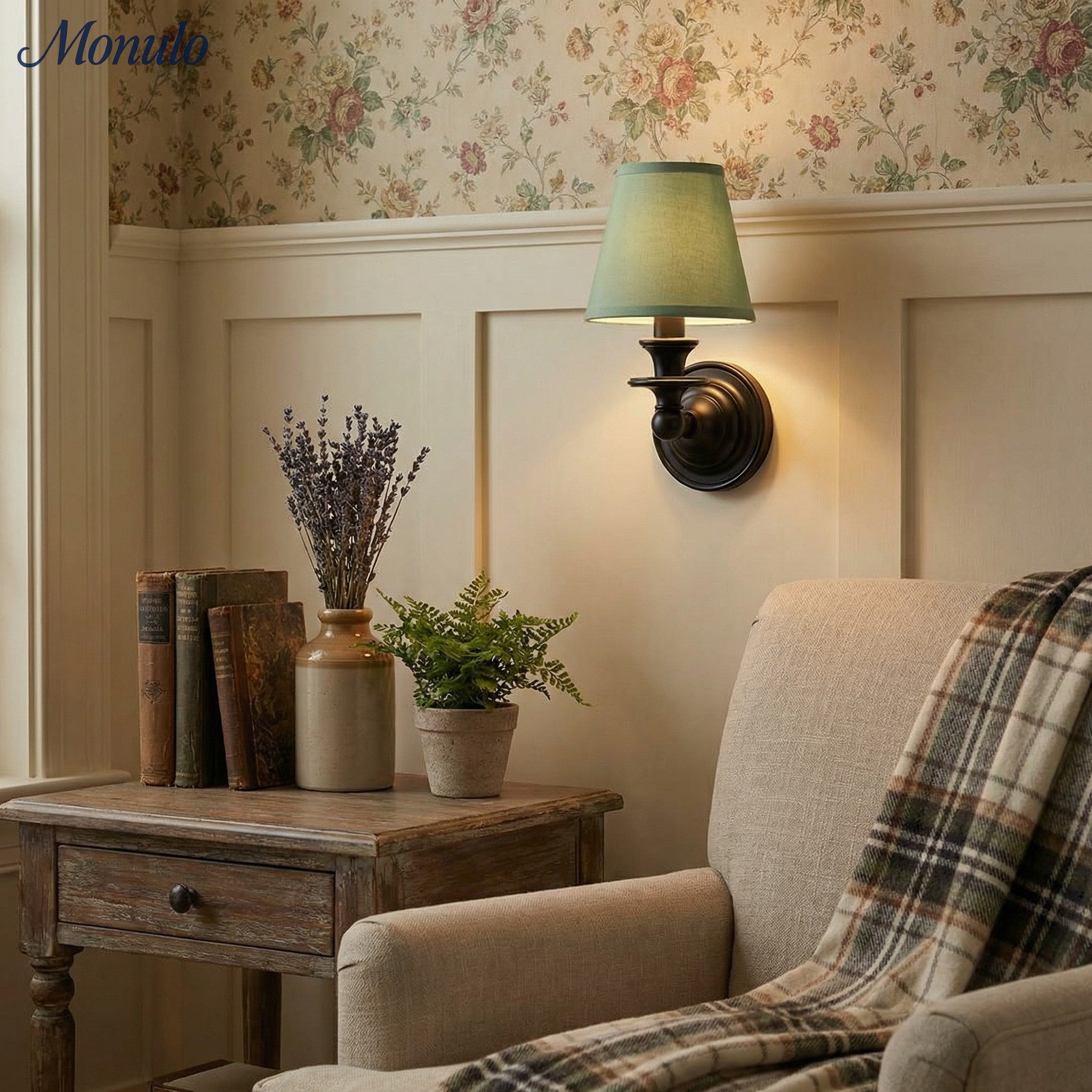Wandlamp met stoffen kap en zwanenhalsarm – smeedijzeren armatuur met verstelbare leeslamp | Sansoti