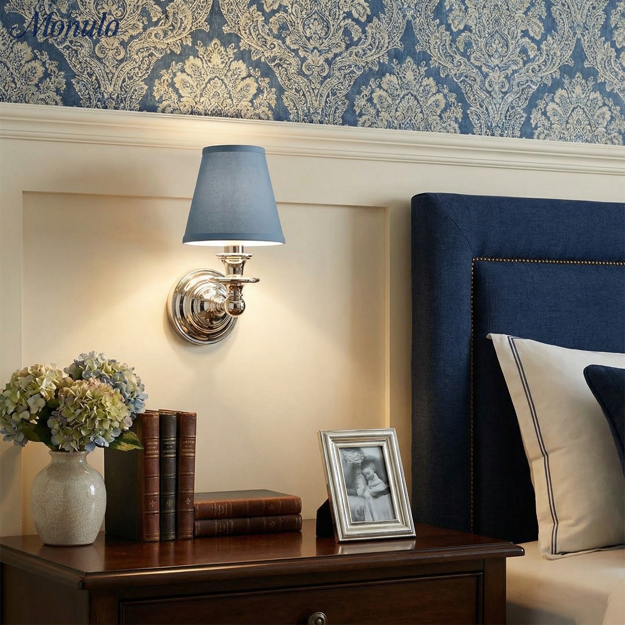 Wandlamp met stoffen kap en zwanenhalsarm – smeedijzeren armatuur met verstelbare leeslamp | Sansoti