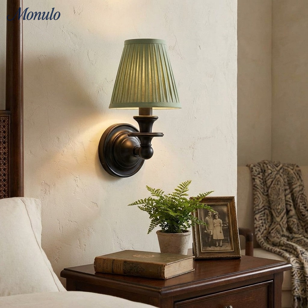 Wandlamp met stoffen kap en zwanenhalsarm – smeedijzeren armatuur met verstelbare leeslamp | Sansoti