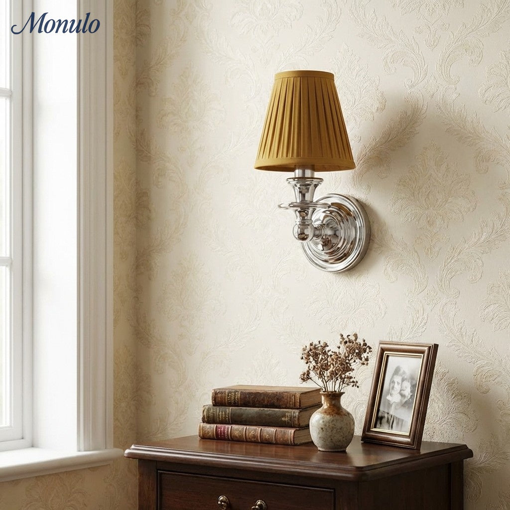 Wandlamp met stoffen kap en zwanenhalsarm – smeedijzeren armatuur met verstelbare leeslamp | Sansoti