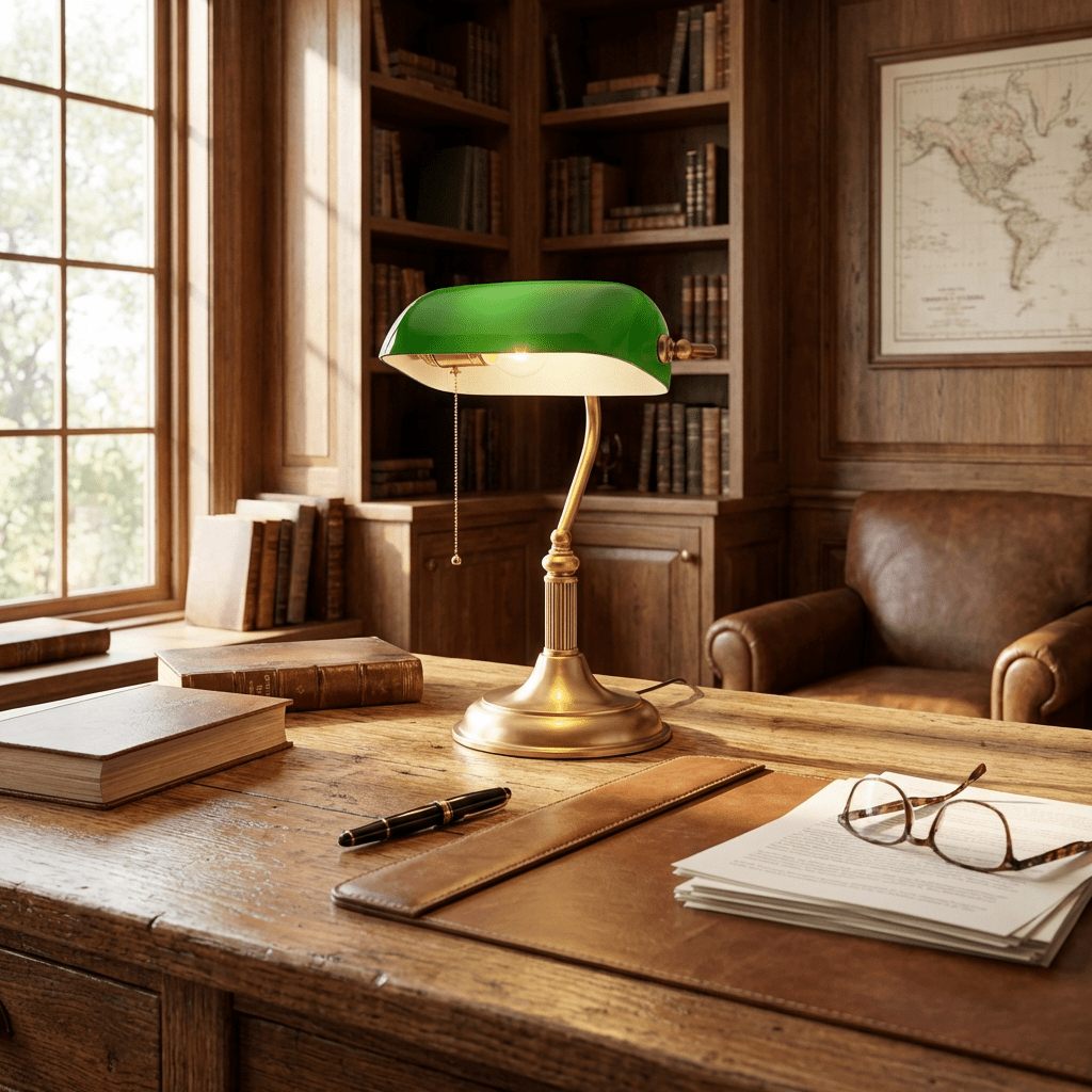 Klassieke Bureaulamp Messing met Groen Glas Tafellamp Banker Style Leeslamp voor Kantoor Studeerruimte | Sansoti