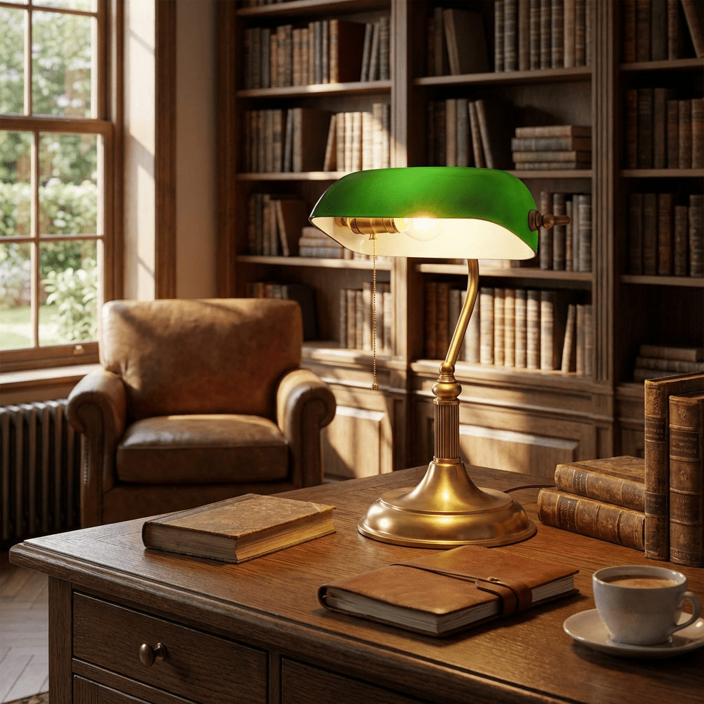 Klassieke Bureaulamp Messing met Groen Glas Tafellamp Banker Style Leeslamp voor Kantoor Studeerruimte | Sansoti