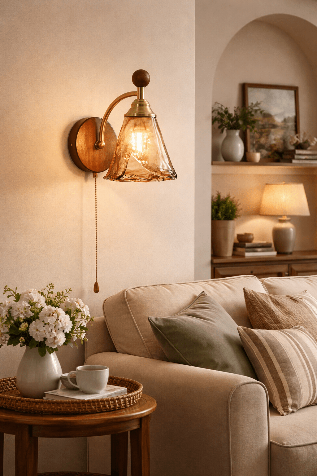 Vintage Wandlamp Met Amber Glazen Kap En Houten Wandplaat In Walnootkleur | Sansoti