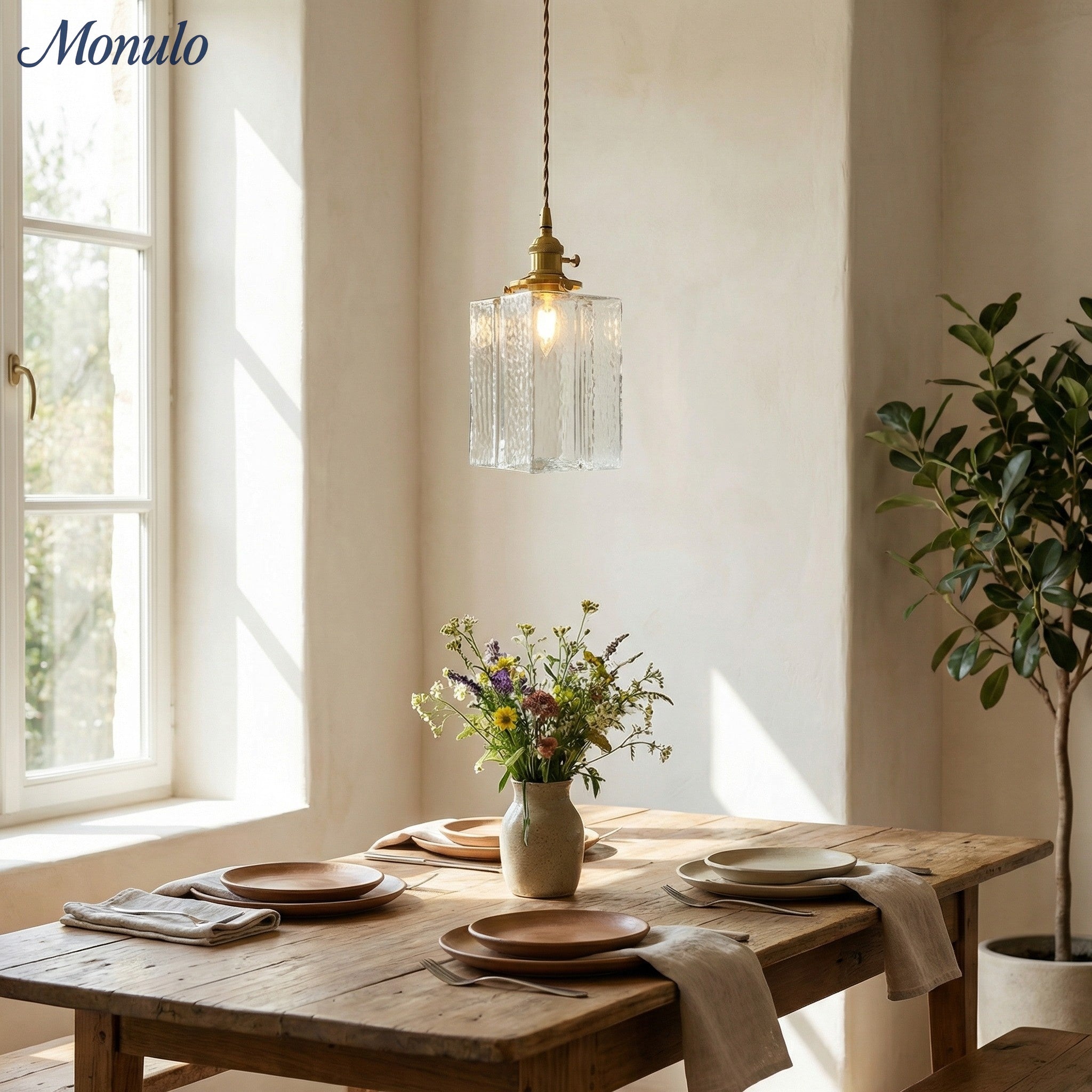 Vintage Hanglamp met Gegolfd Glas & IJzeren Armatuur – Vierkant/Rechthoekig – Scandinavisch Design voor Woonkamer | Sansoti