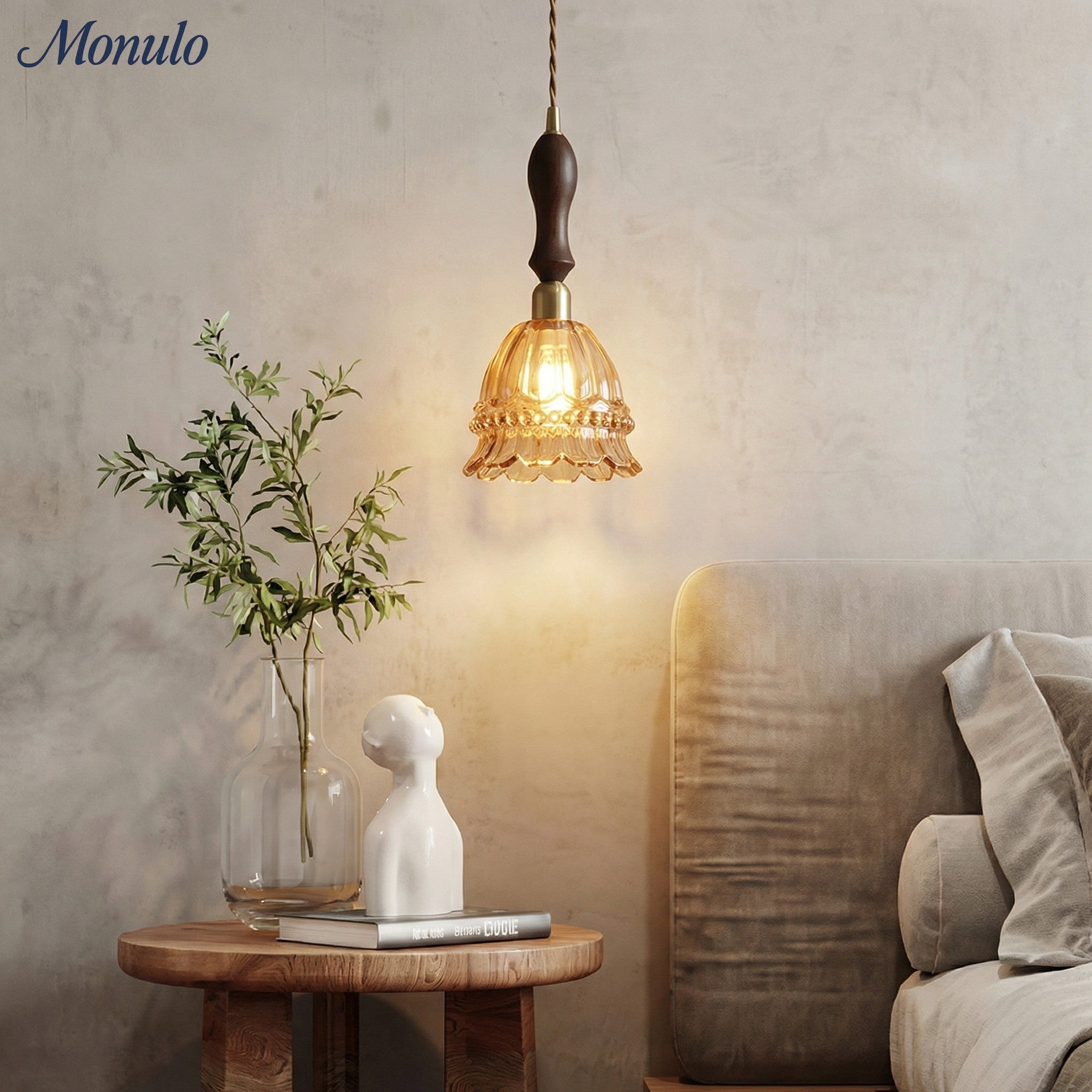 Franse Landelijke Hanglamp Glazen Kap Kwallen Design Transparant of Amber met Walnoot Greep Sfeerverlichting Eetkamer Elegante Plafondlamp | Sansoti
