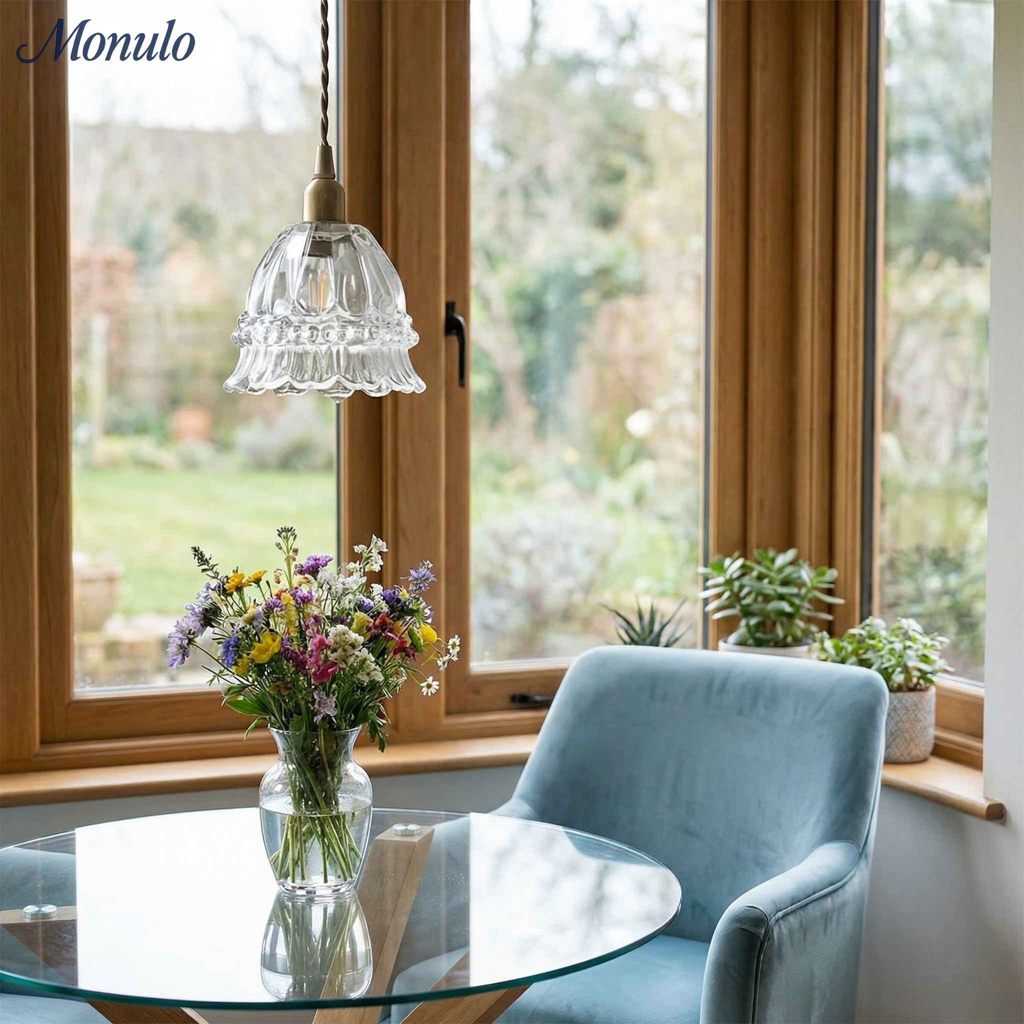 Franse Landelijke Hanglamp Glazen Kap Kwallen Design Transparant of Amber met Walnoot Greep Sfeerverlichting Eetkamer Elegante Plafondlamp | Sansoti