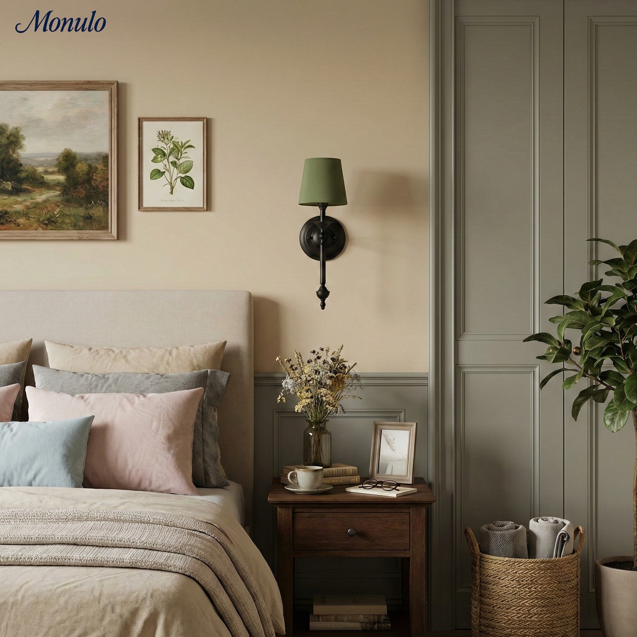 Stoffen Wandlamp met Vintage Koperen Afwerking – Sfeervolle Verlichting voor Hal, Slaapkamer en Woonkamer | Sansoti