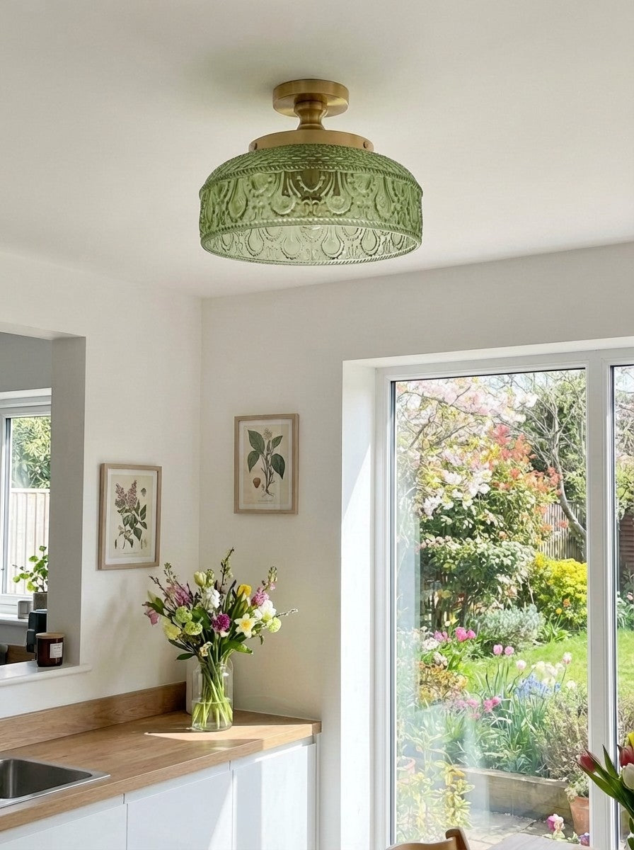 Geribbelde Glazen Plafondlamp met Metalen Armatuur – Minimalistische Verlichting voor Slaapkamer en Gang | Sansoti