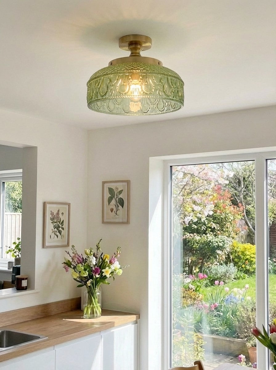 Geribbelde Glazen Plafondlamp met Metalen Armatuur – Minimalistische Verlichting voor Slaapkamer en Gang | Sansoti