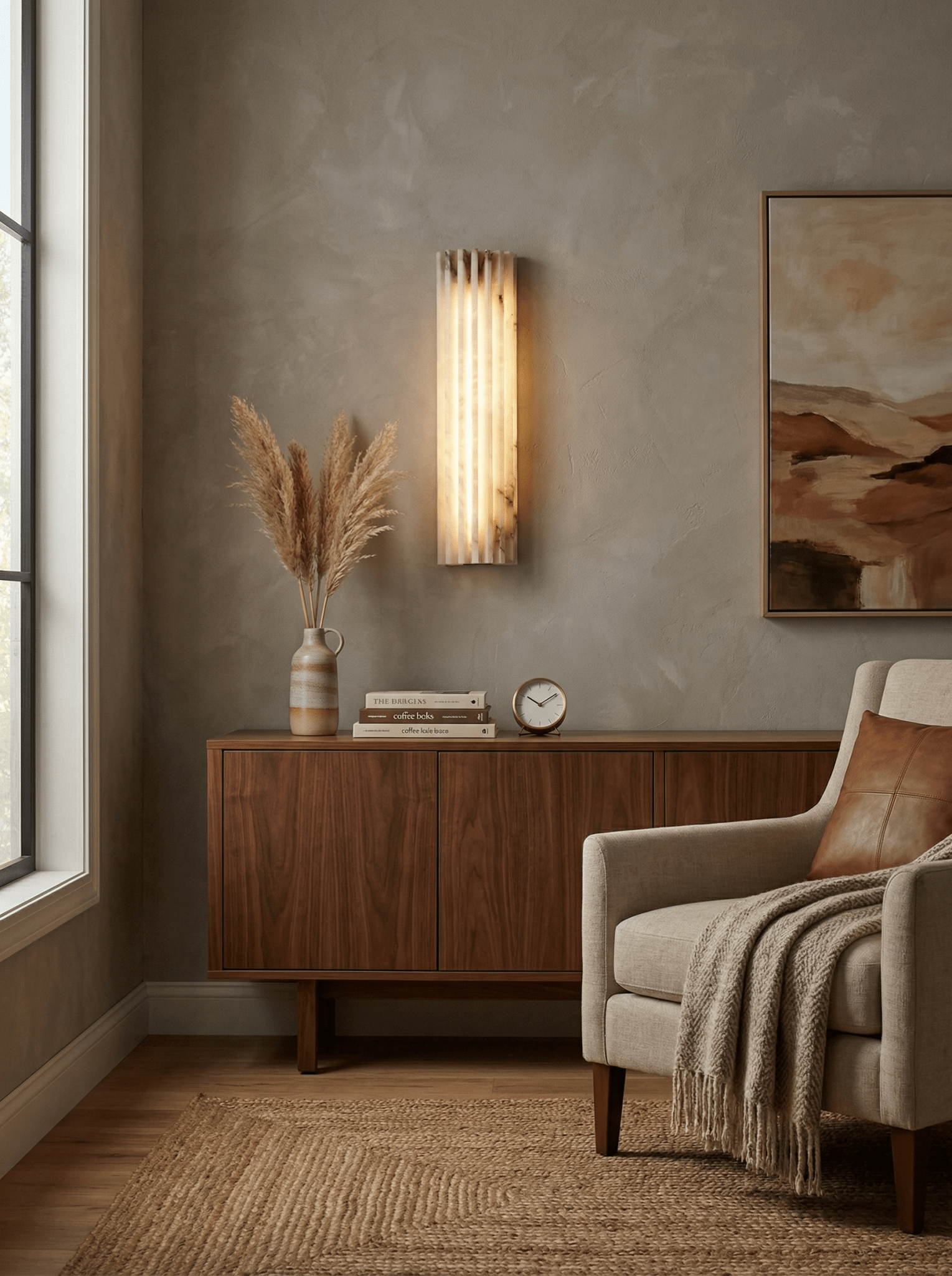Alabaster Wandlamp Natuursteen – Geribbeld Design – Warm Licht – Scandinavische Stijl | Sansoti
