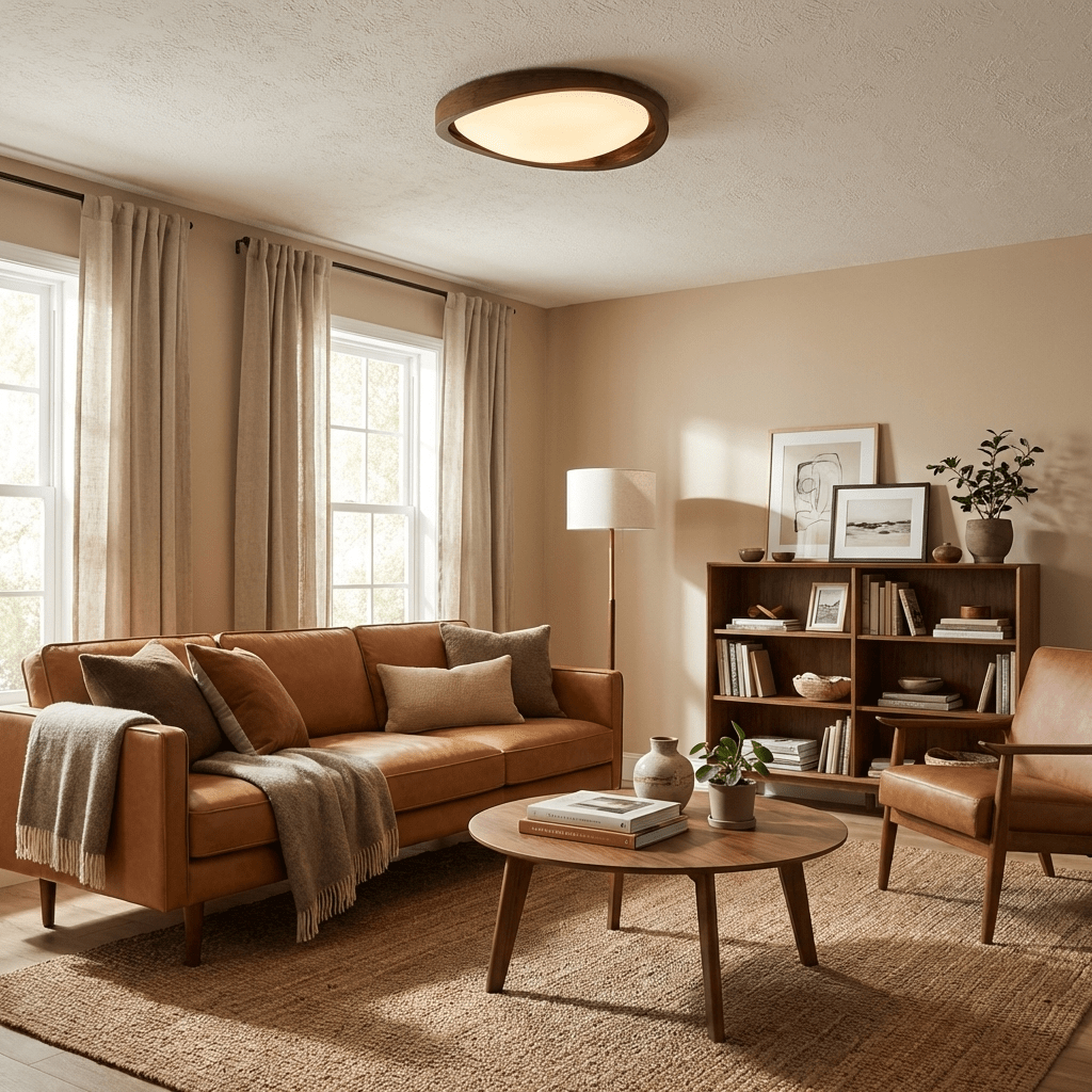 Houten Plafondlamp met Gebogen Rand – Scandinavisch Design met Walnoot Afwerking & Warme Verlichting voor Woonkamer Slaapkamer | Sansoti
