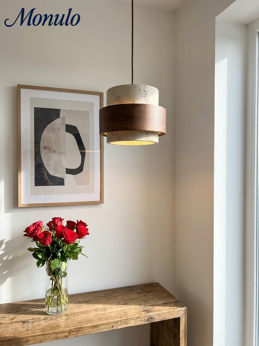 Houten Hanglamp met Travertijn Afwerking – Organische Lichtbron Eetkamer Woonkamer | Sansoti