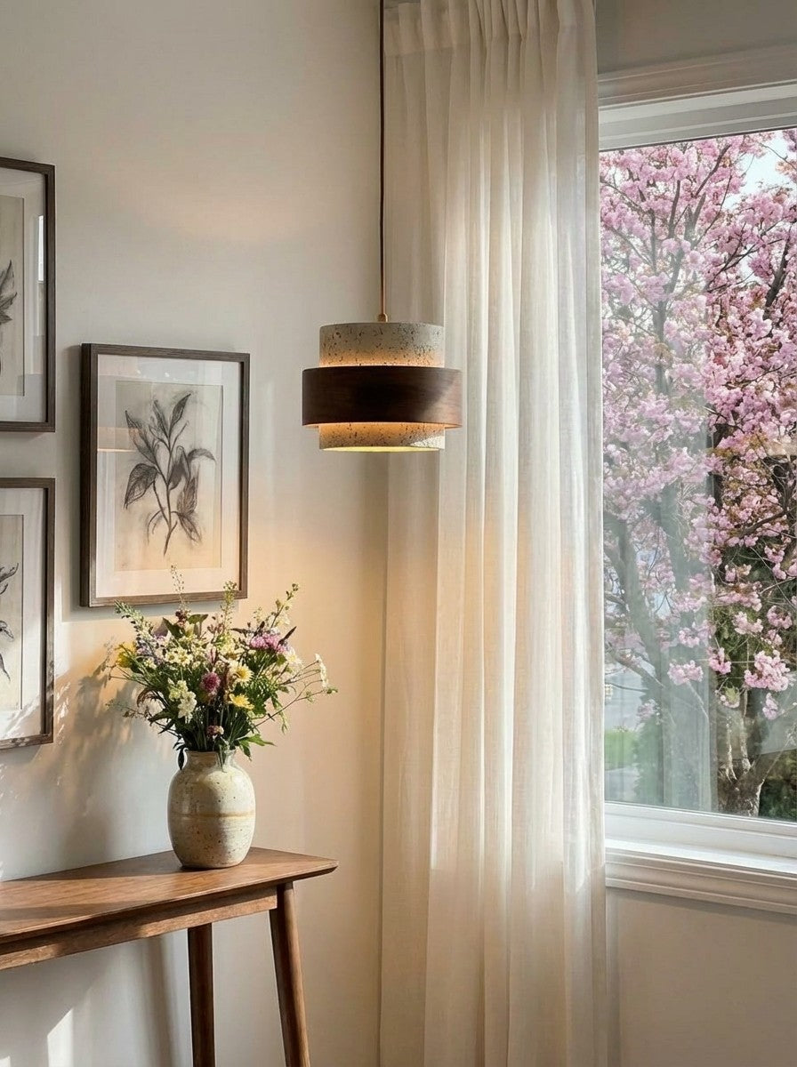 Houten Hanglamp met Travertijn Afwerking – Organische Lichtbron Eetkamer Woonkamer | Sansoti