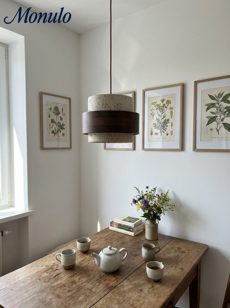 Houten Hanglamp met Travertijn Afwerking – Organische Lichtbron Eetkamer Woonkamer | Sansoti