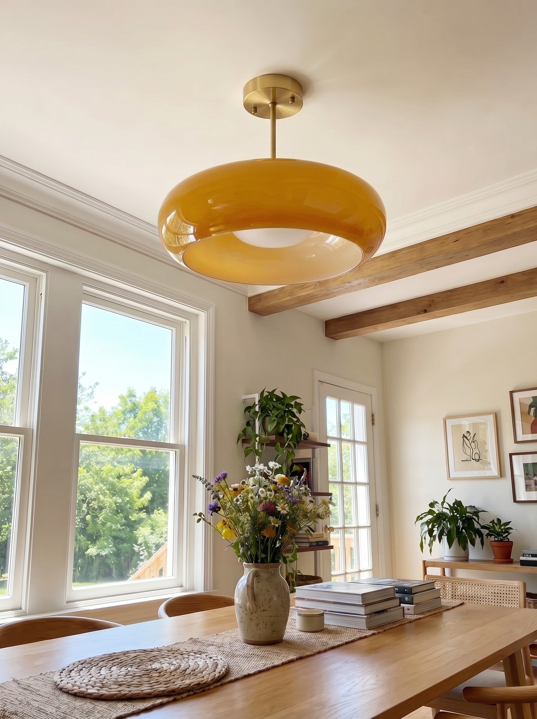 Plafondlamp Glazen Schijf Bauhaus Design Messing of Chroom Oranjegeel of Wit Glas Retro Stijlvolle Verlichting | Sansoti