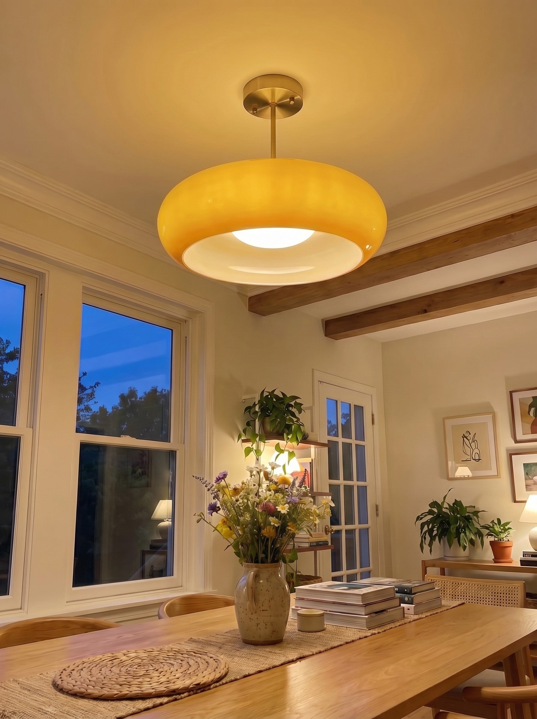 Plafondlamp Glazen Schijf Bauhaus Design Messing of Chroom Oranjegeel of Wit Glas Retro Stijlvolle Verlichting | Sansoti