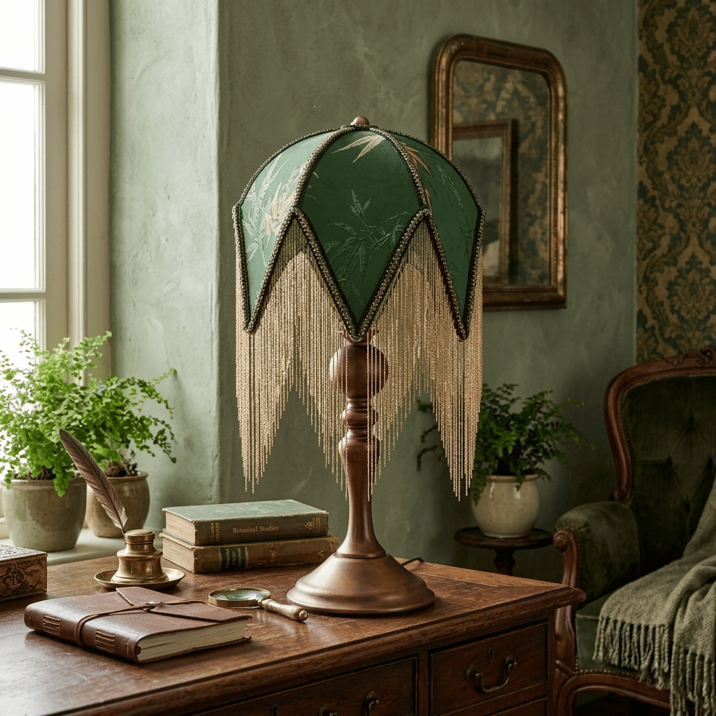 Table lamp with Fringes Walnut Wood Green Print E27 Ready-to-Plug Bohemian Styling Bedside Lamp Ambient Light Living Room | Sansoti