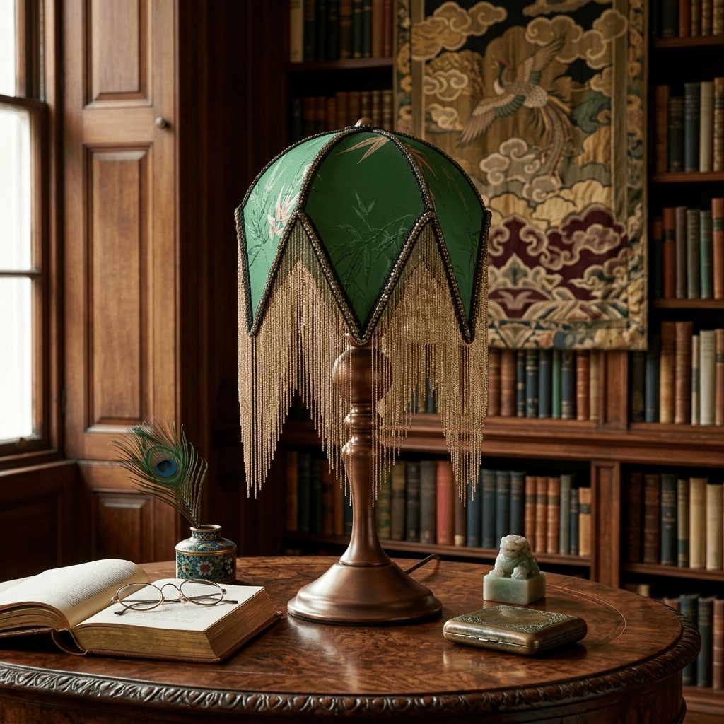 Table lamp with Fringes Walnut Wood Green Print E27 Ready-to-Plug Bohemian Styling Bedside Lamp Ambient Light Living Room | Sansoti