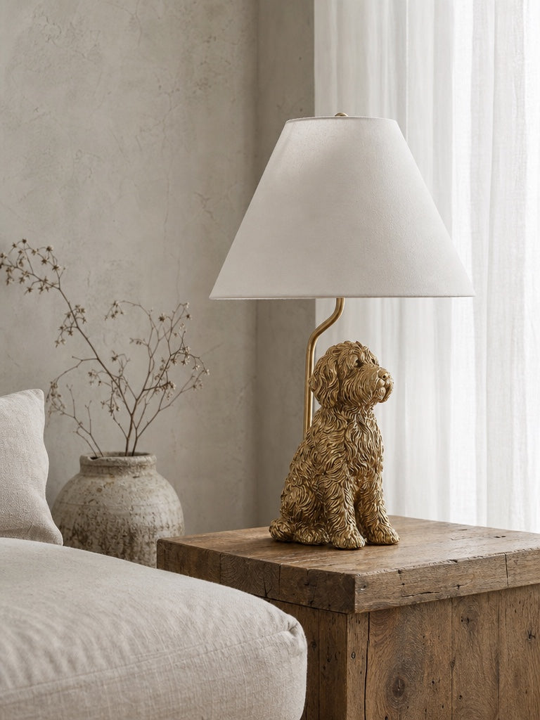 Dierenfiguur Tafellamp met Katoenen Kap – Klassieke Nachtkastlamp met Dierenmotief | Sansoti