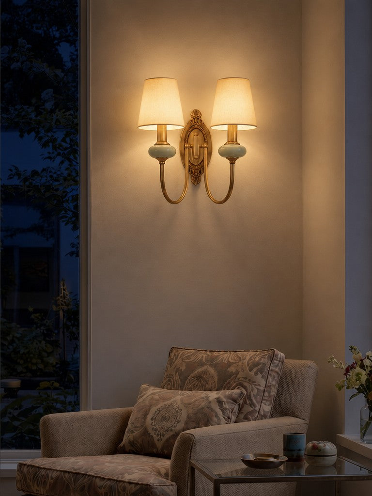 Keramische wandlamp met stoffen kap - 1 of 2 lichtpunten - E27 - diverse kleuren & stijlen | Sansoti